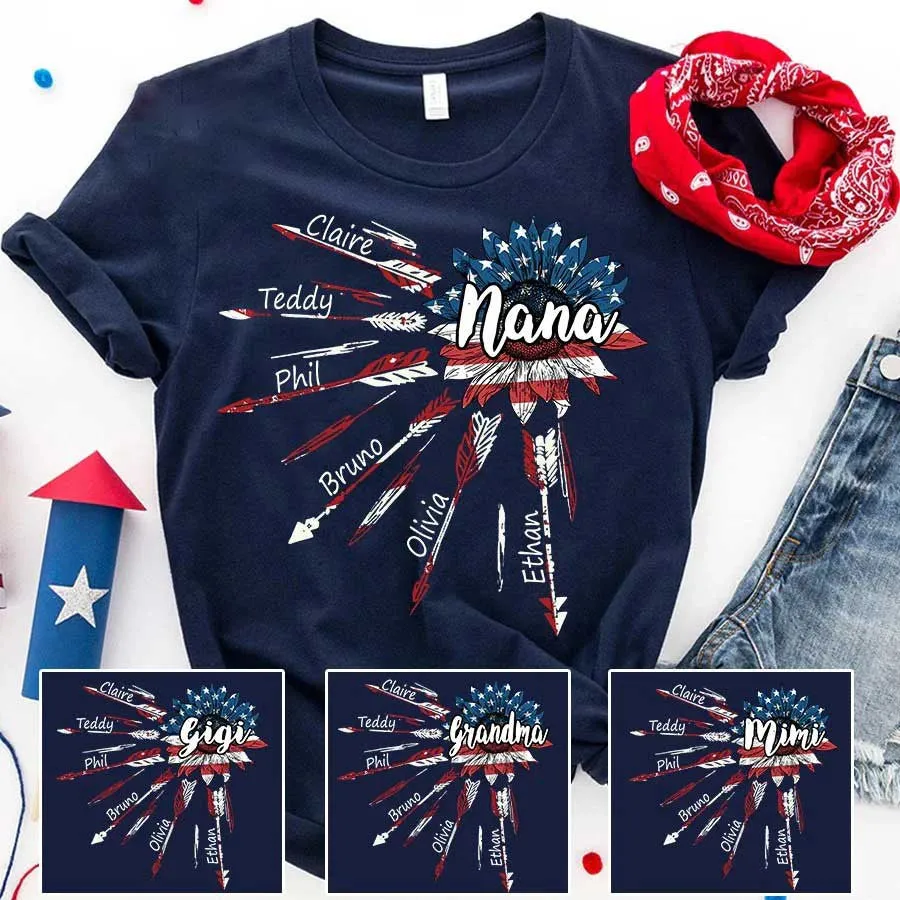 4th of July Grandma With Grandkids Sunflower Arrow USA Flag Nana Shirt, Flag Mimi Shirt