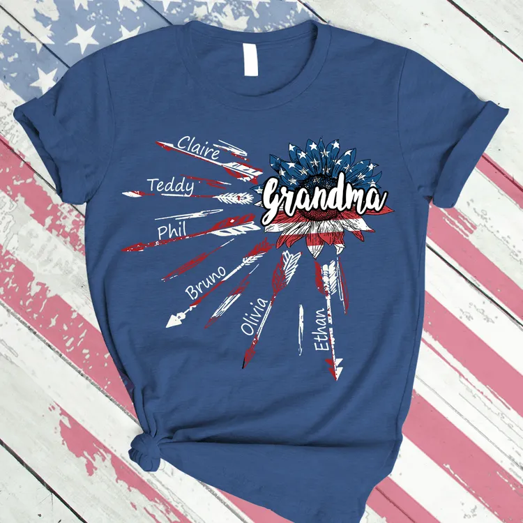 4th of July Grandma With Grandkids Sunflower Arrow USA Flag Nana Shirt, Flag Mimi Shirt