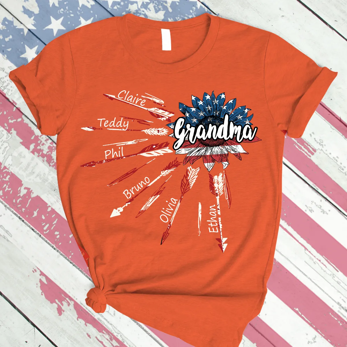 4th of July Grandma With Grandkids Sunflower Arrow USA Flag Nana Shirt, Flag Mimi Shirt