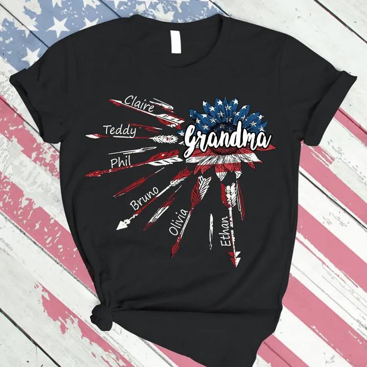 4th of July Grandma With Grandkids Sunflower Arrow USA Flag Nana Shirt, Flag Mimi Shirt