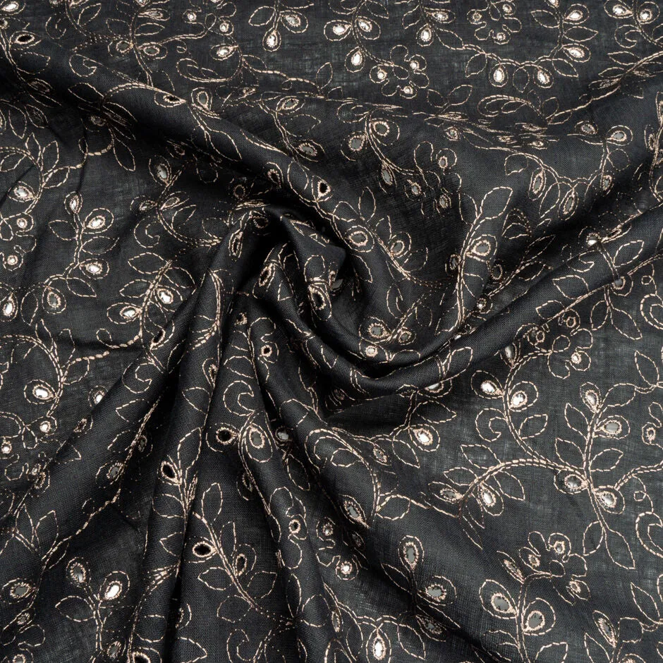 Beige Floral Embroidered Black Handkerchief Linen