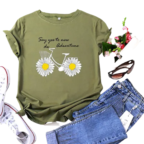 Daisies Bicycle Print Cotton T-Shirt