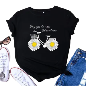 Daisies Bicycle Print Cotton T-Shirt