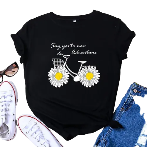 Daisies Bicycle Print Cotton T-Shirt