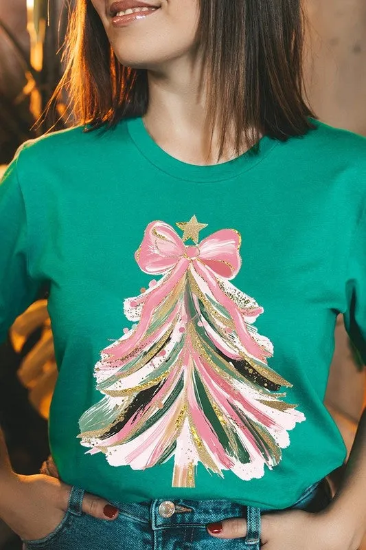 Faux Glitter Pink Bow Christmas Tree Graphic Tee