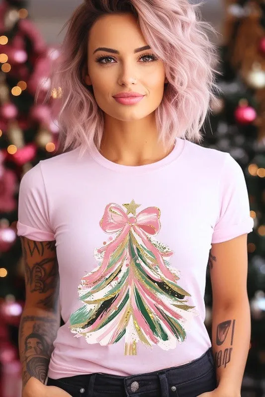 Faux Glitter Pink Bow Christmas Tree Graphic Tee