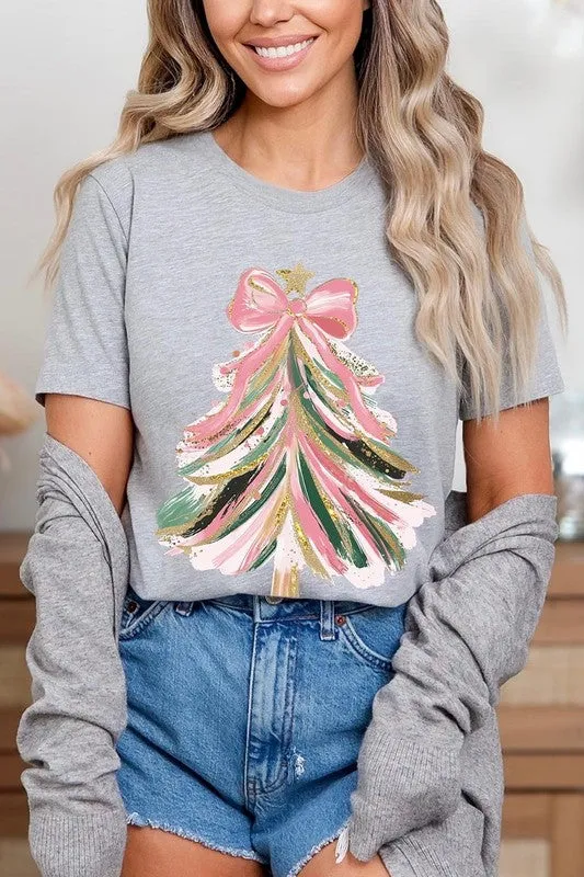 Faux Glitter Pink Bow Christmas Tree Graphic Tee