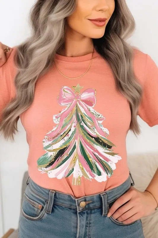 Faux Glitter Pink Bow Christmas Tree Graphic Tee