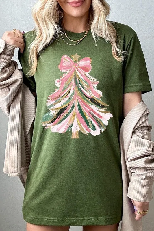 Faux Glitter Pink Bow Christmas Tree Graphic Tee