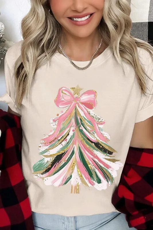 Faux Glitter Pink Bow Christmas Tree Graphic Tee