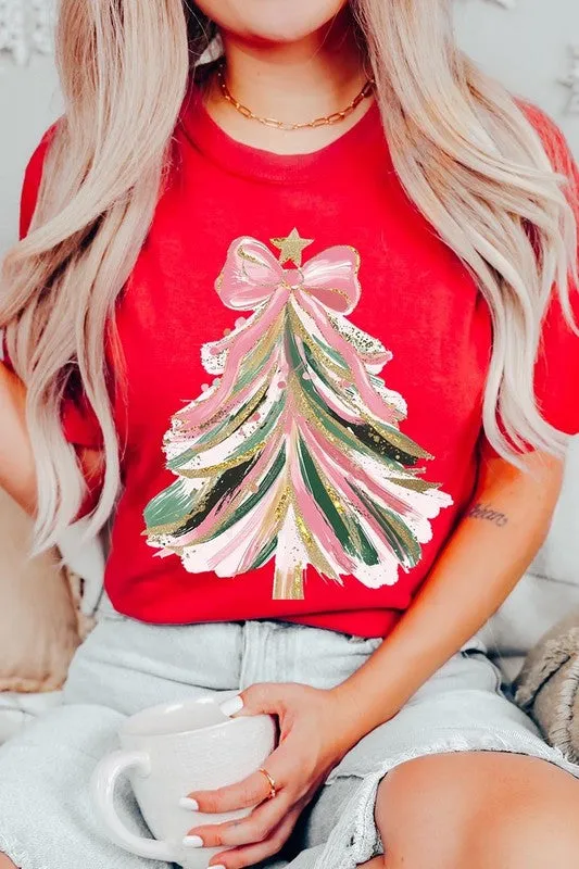 Faux Glitter Pink Bow Christmas Tree Graphic Tee