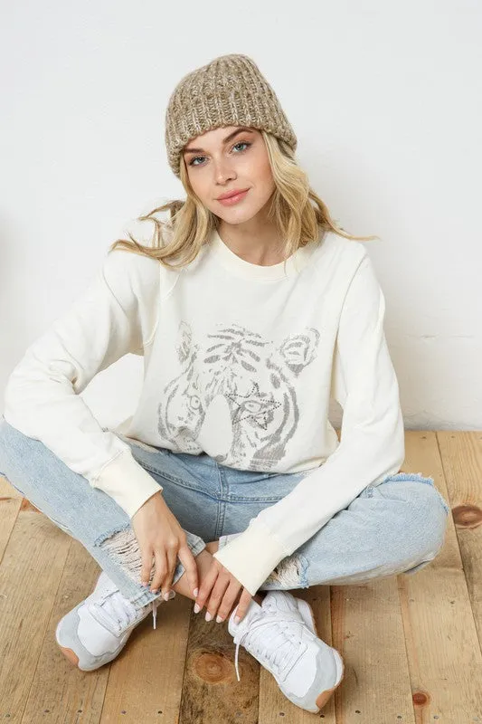 French Terry Tiger Studded Star Graphic Sweatshirt