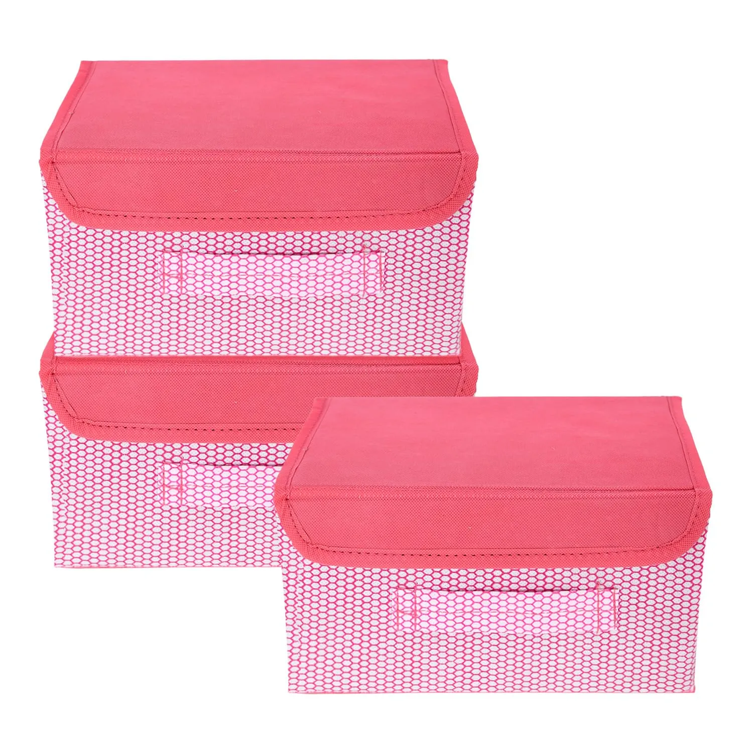 Heart Home Drawer Storage Box | Zig Zag Dhakkan Storage Box | Non-Woven Clothes Organizer For Toys | Storage Box with Handle | Small | Pack of 3 | Pink