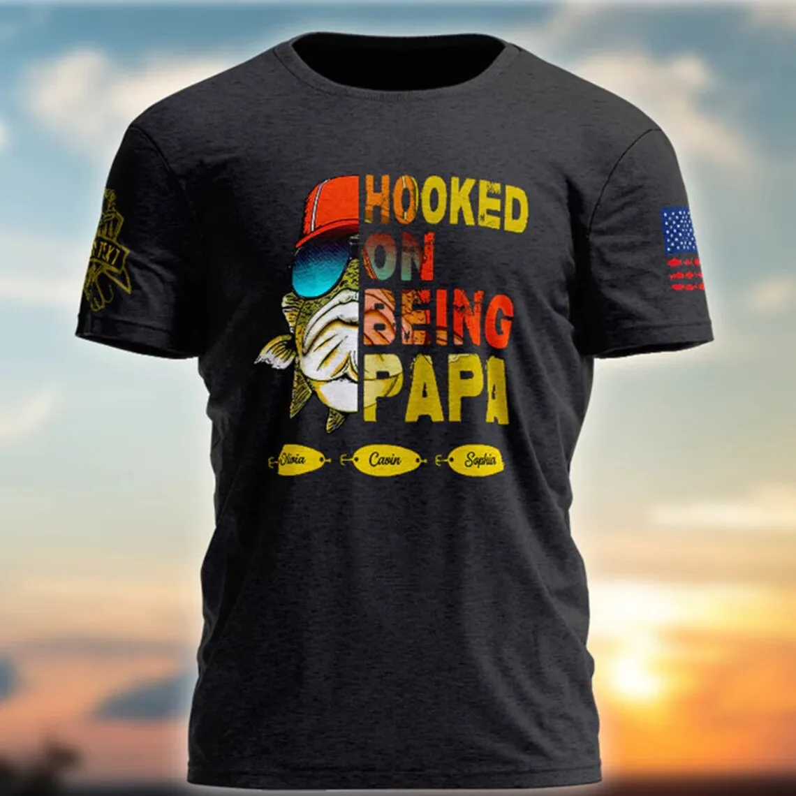 Hooked on being Papa Shirt, Custom Fishing Papa with kids name Shirt, Custom Grandpa Shirt, Fathers Day Gifts, Grandpa Shirt with names