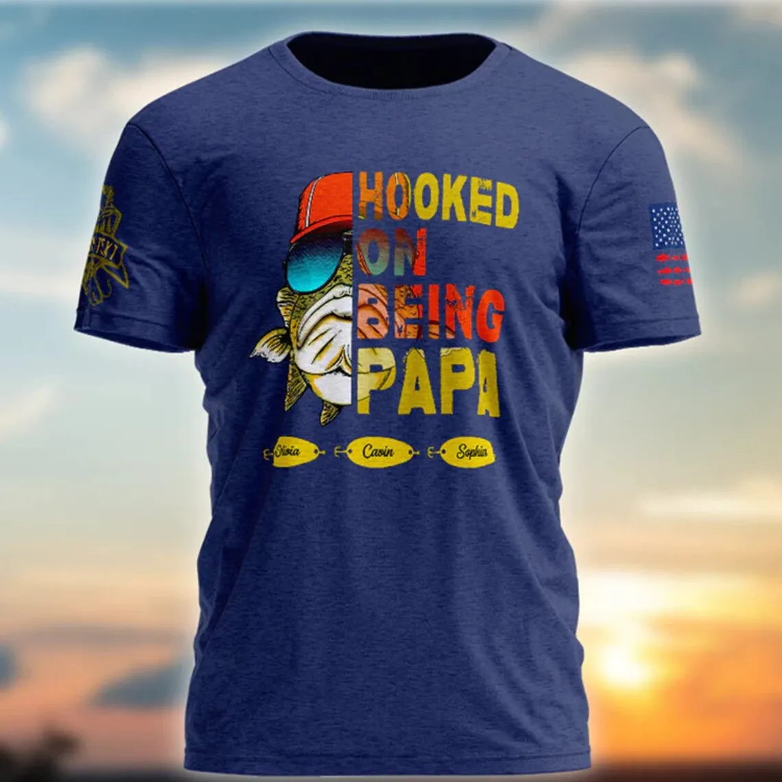 Hooked on being Papa Shirt, Custom Fishing Papa with kids name Shirt, Custom Grandpa Shirt, Fathers Day Gifts, Grandpa Shirt with names