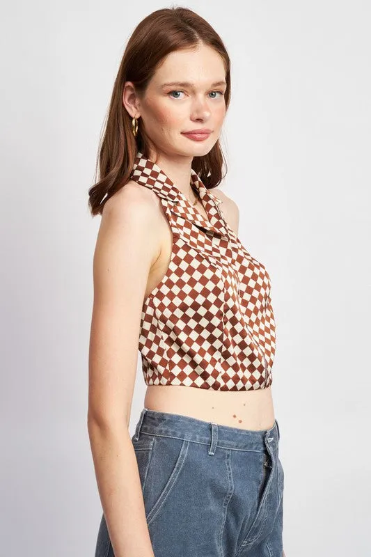 Hot Girl Checkered Zippered Front Cropped Halter Top