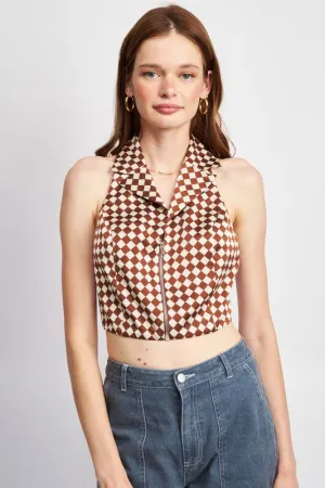 Hot Girl Checkered Zippered Front Cropped Halter Top