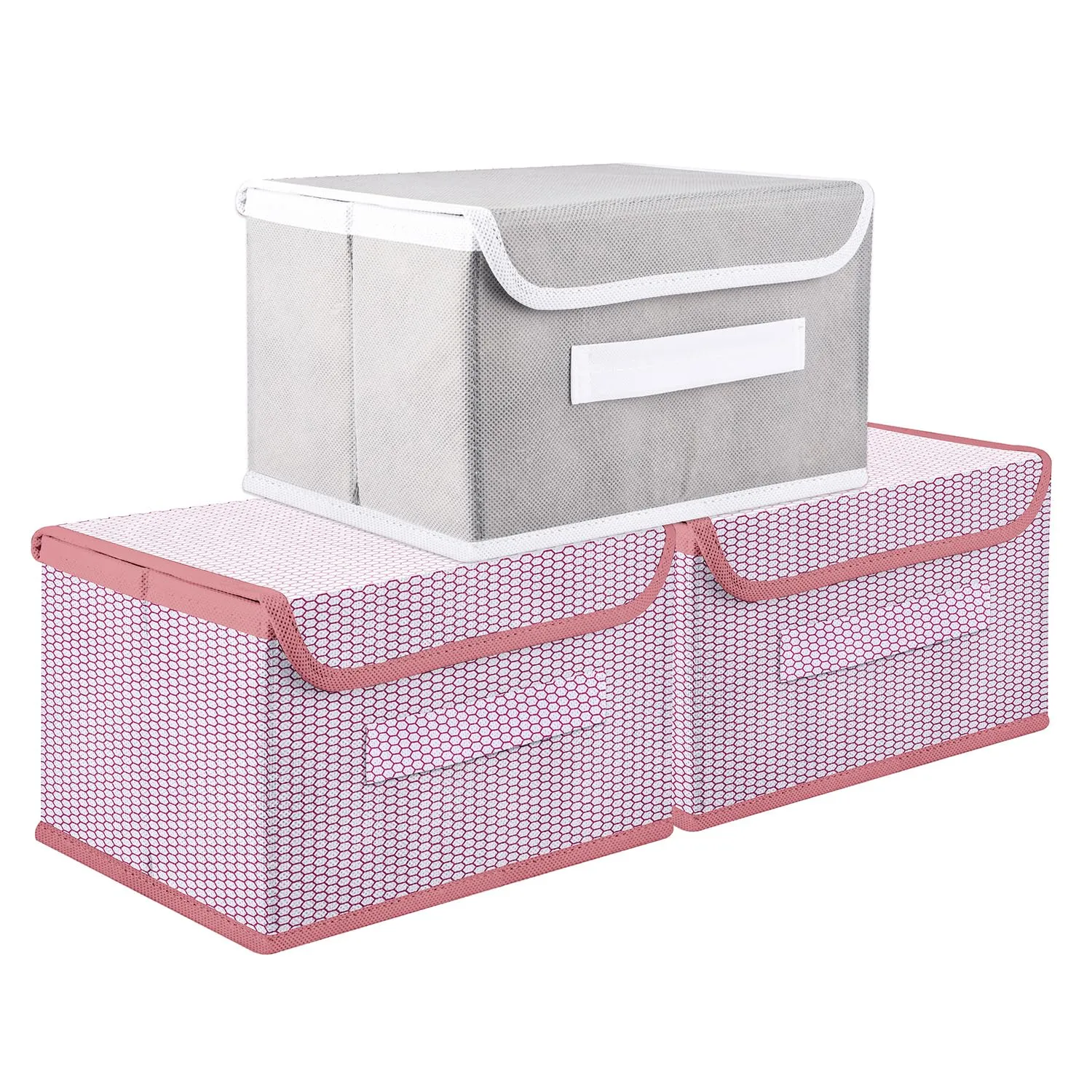 Kuber Industries Drawer Storage Box | Foldable Dhakkan Storage Box | Non-Woven Clothes Organizer For Toys | Storage Box with Handle | Medium | Pack of 3 | Pink & Gray