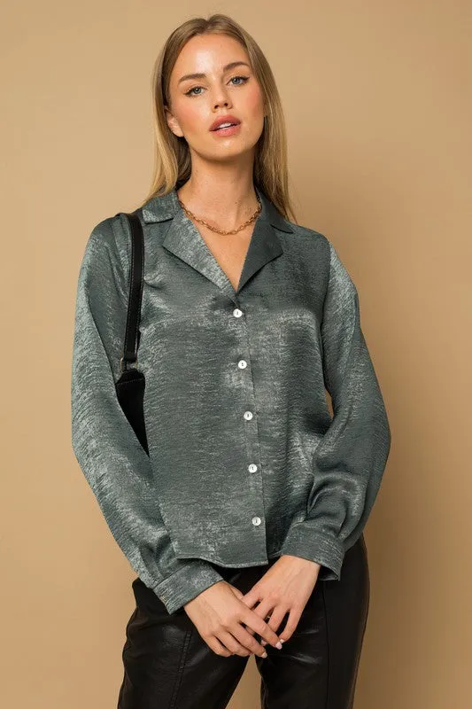 L/S Button Down Satin Blouse Top