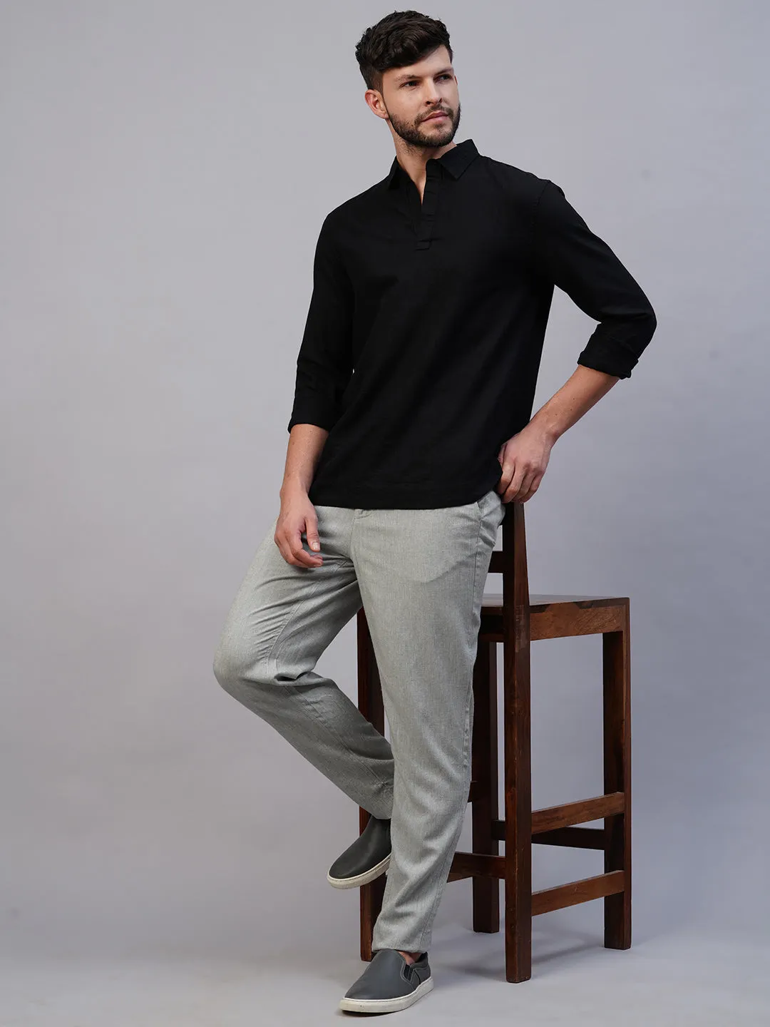 Men's Black 100% Linen Kurta Shirt