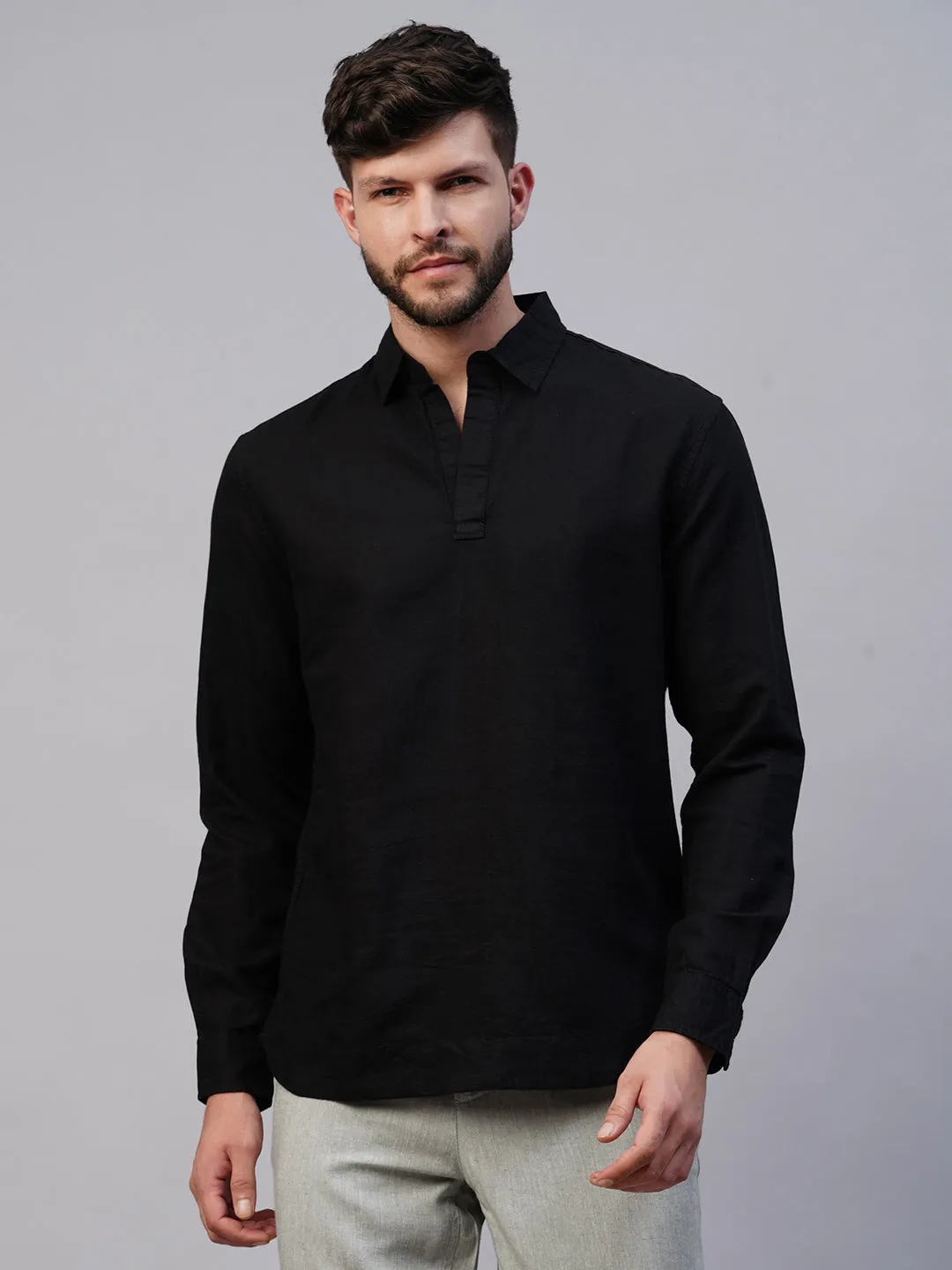 Men's Black 100% Linen Kurta Shirt