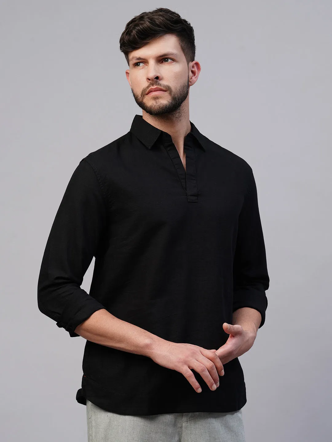 Men's Black 100% Linen Kurta Shirt