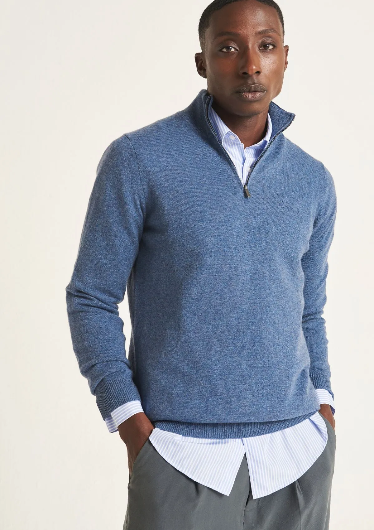 Mens Cashmere Half Zip Sweater in Bay Blue