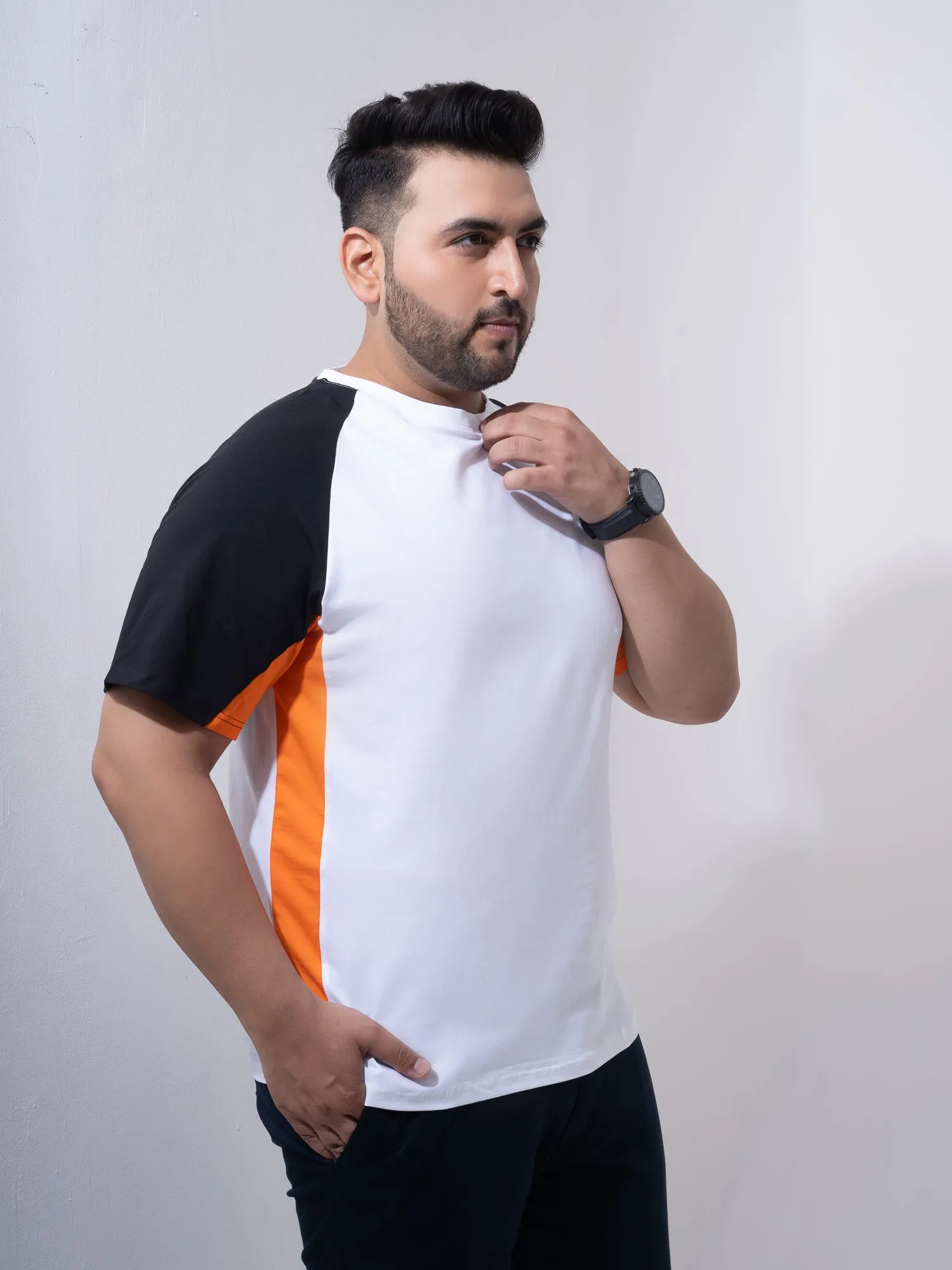 Orange White Black Colourblock Plus Size T-shirt