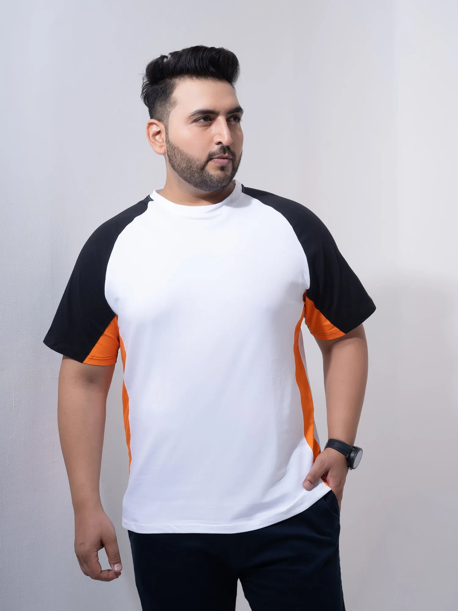 Orange White Black Colourblock Plus Size T-shirt