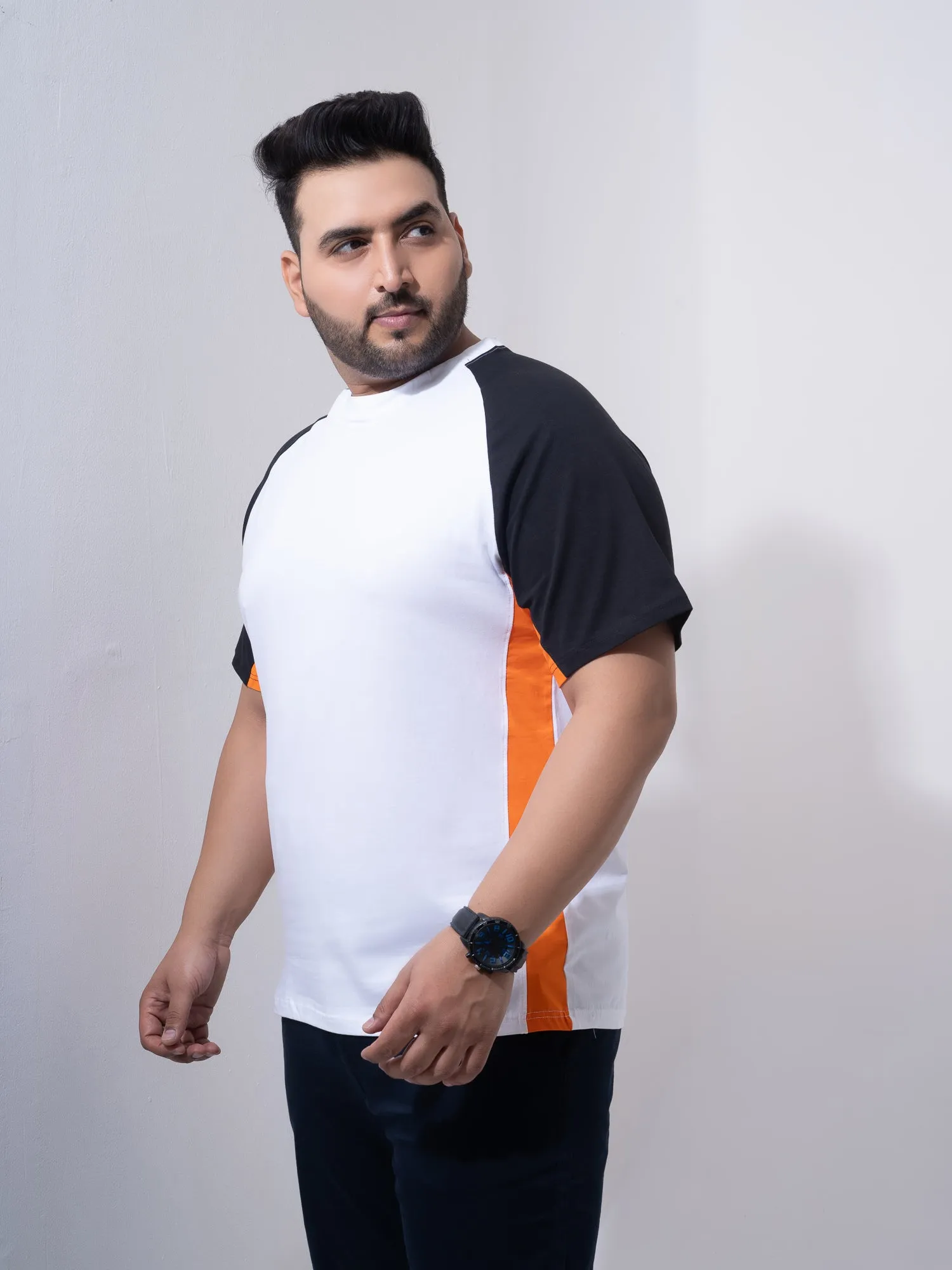 Orange White Black Colourblock Plus Size T-shirt