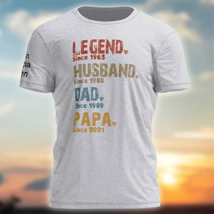 Personalized Legend Husband Dad Papa Since T shirt, Best Father's Day Gift, Grandkids Printed On Sleeves