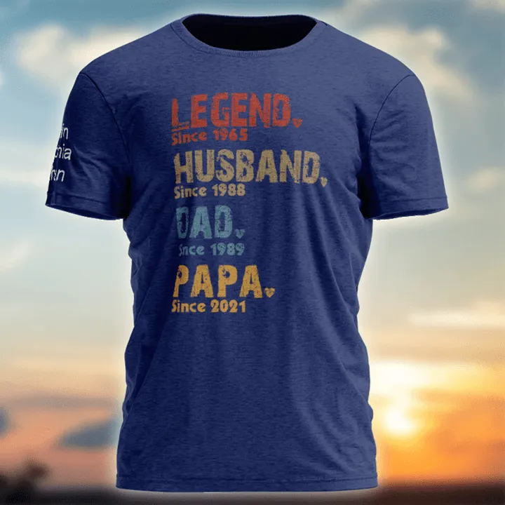 Personalized Legend Husband Dad Papa Since T shirt, Best Father's Day Gift, Grandkids Printed On Sleeves