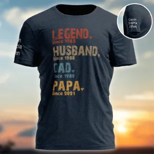 Personalized Legend Husband Dad Papa Since T shirt, Best Father's Day Gift, Grandkids Printed On Sleeves