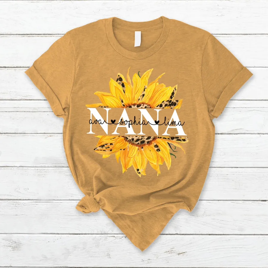 Personalized Nana Sunflower T Shirt, Grandma and Grandkid Names Sunflower Shirt for Her