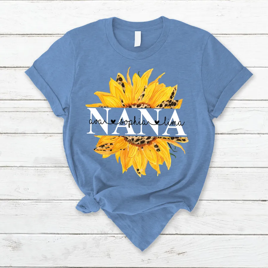 Personalized Nana Sunflower T Shirt, Grandma and Grandkid Names Sunflower Shirt for Her