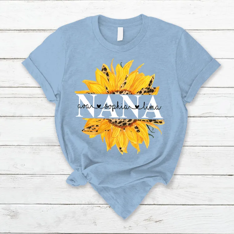 Personalized Nana Sunflower T Shirt, Grandma and Grandkid Names Sunflower Shirt for Her