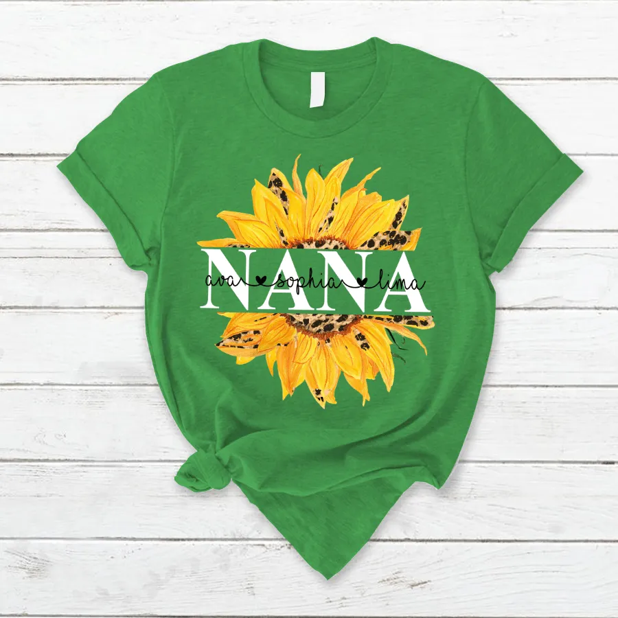 Personalized Nana Sunflower T Shirt, Grandma and Grandkid Names Sunflower Shirt for Her