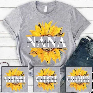 Personalized Nana Sunflower T Shirt, Grandma and Grandkid Names Sunflower Shirt for Her