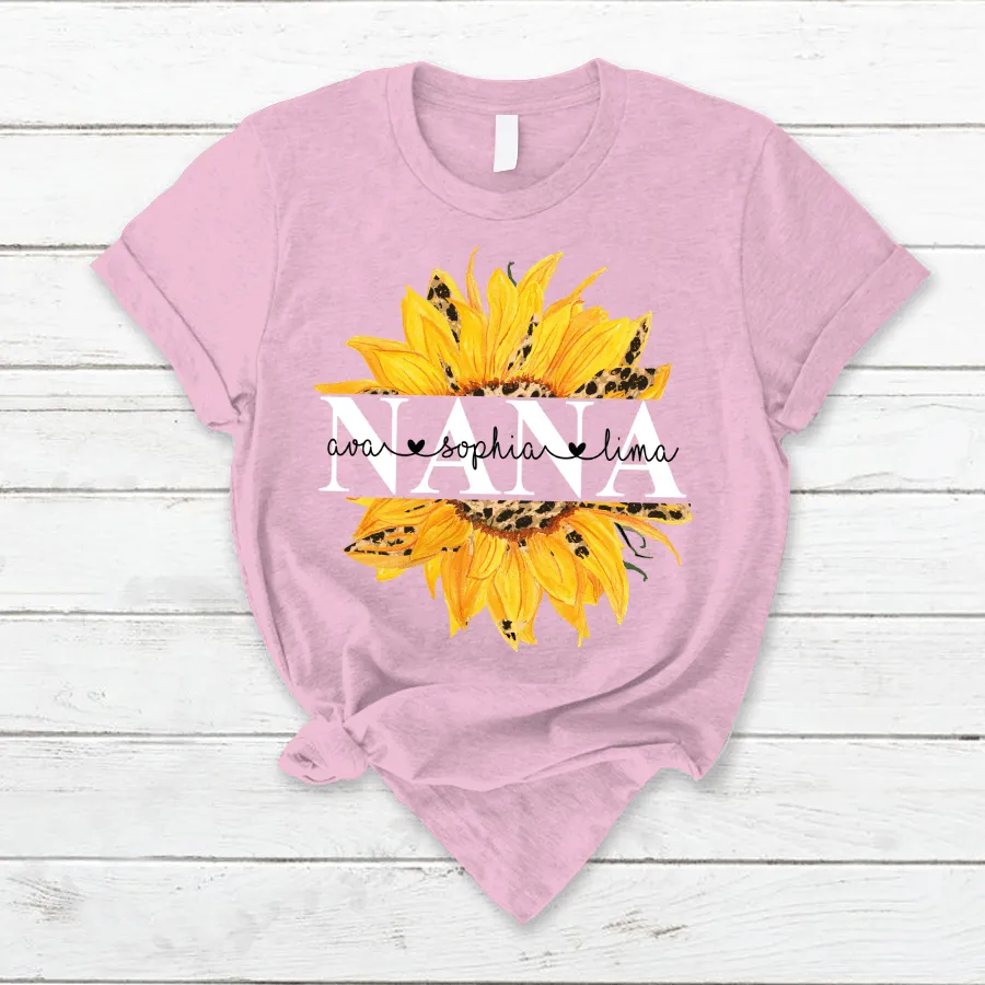 Personalized Nana Sunflower T Shirt, Grandma and Grandkid Names Sunflower Shirt for Her