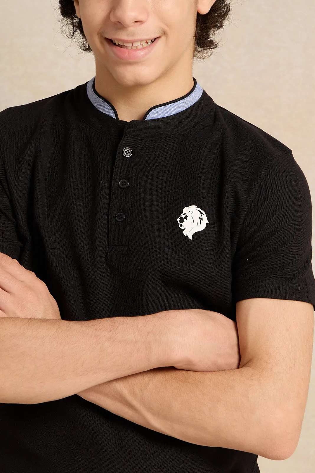 Senior Boys Black Button Collar Polo T-Shirt