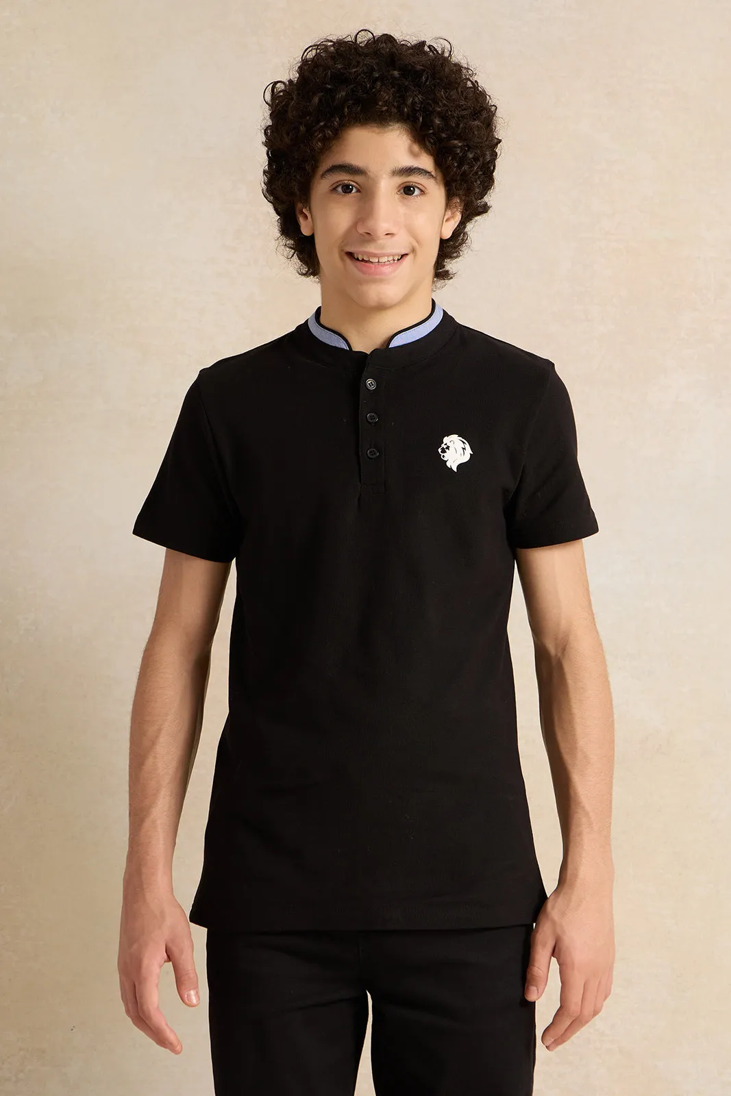 Senior Boys Black Button Collar Polo T-Shirt