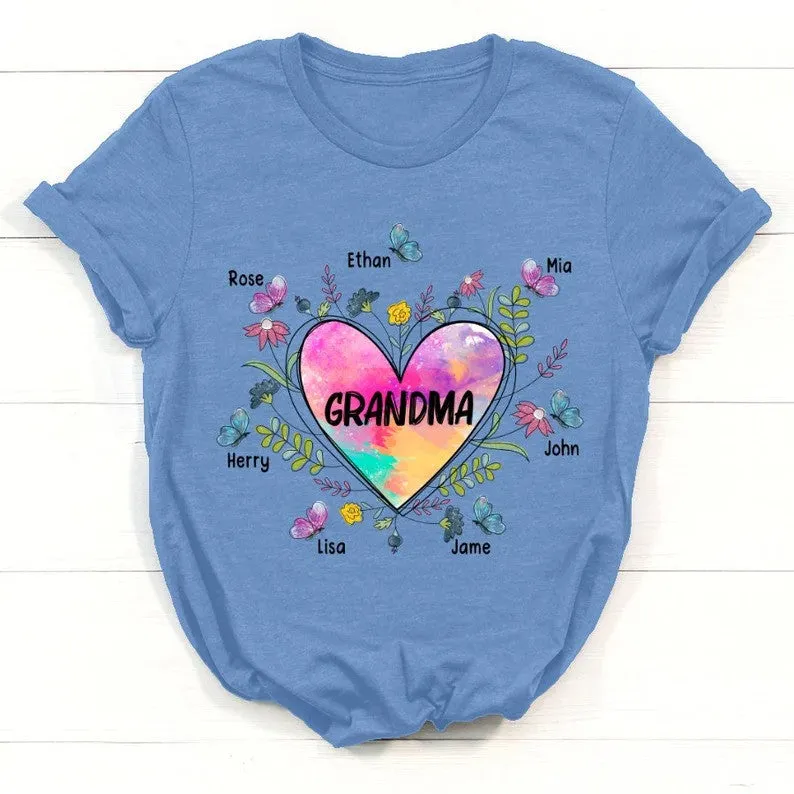 Shirt for Grandma Nana, Grandma Heart With Grandkids Flower Art T-Shirt, Personalized Mothers Day Shirt for Nan with Custom grandkids