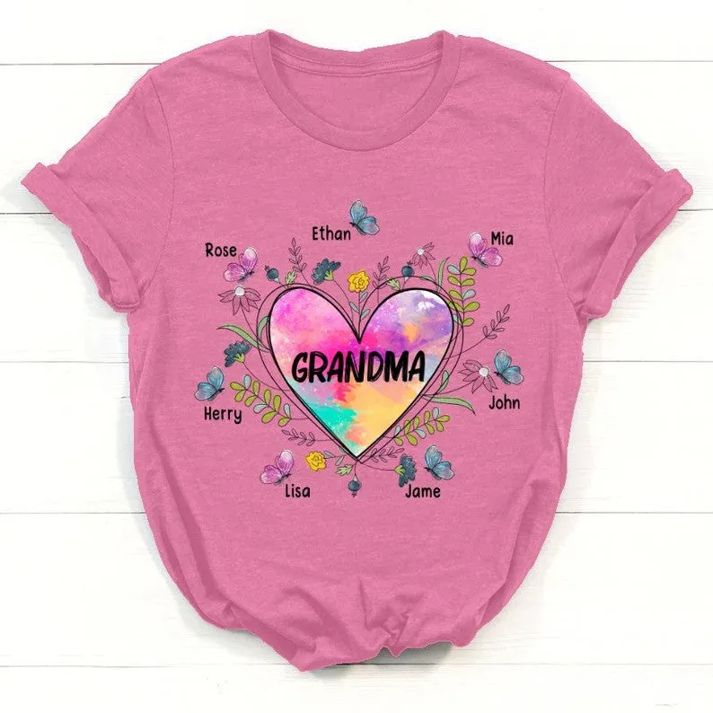 Shirt for Grandma Nana, Grandma Heart With Grandkids Flower Art T-Shirt, Personalized Mothers Day Shirt for Nan with Custom grandkids