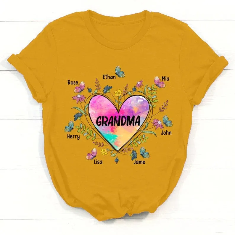 Shirt for Grandma Nana, Grandma Heart With Grandkids Flower Art T-Shirt, Personalized Mothers Day Shirt for Nan with Custom grandkids