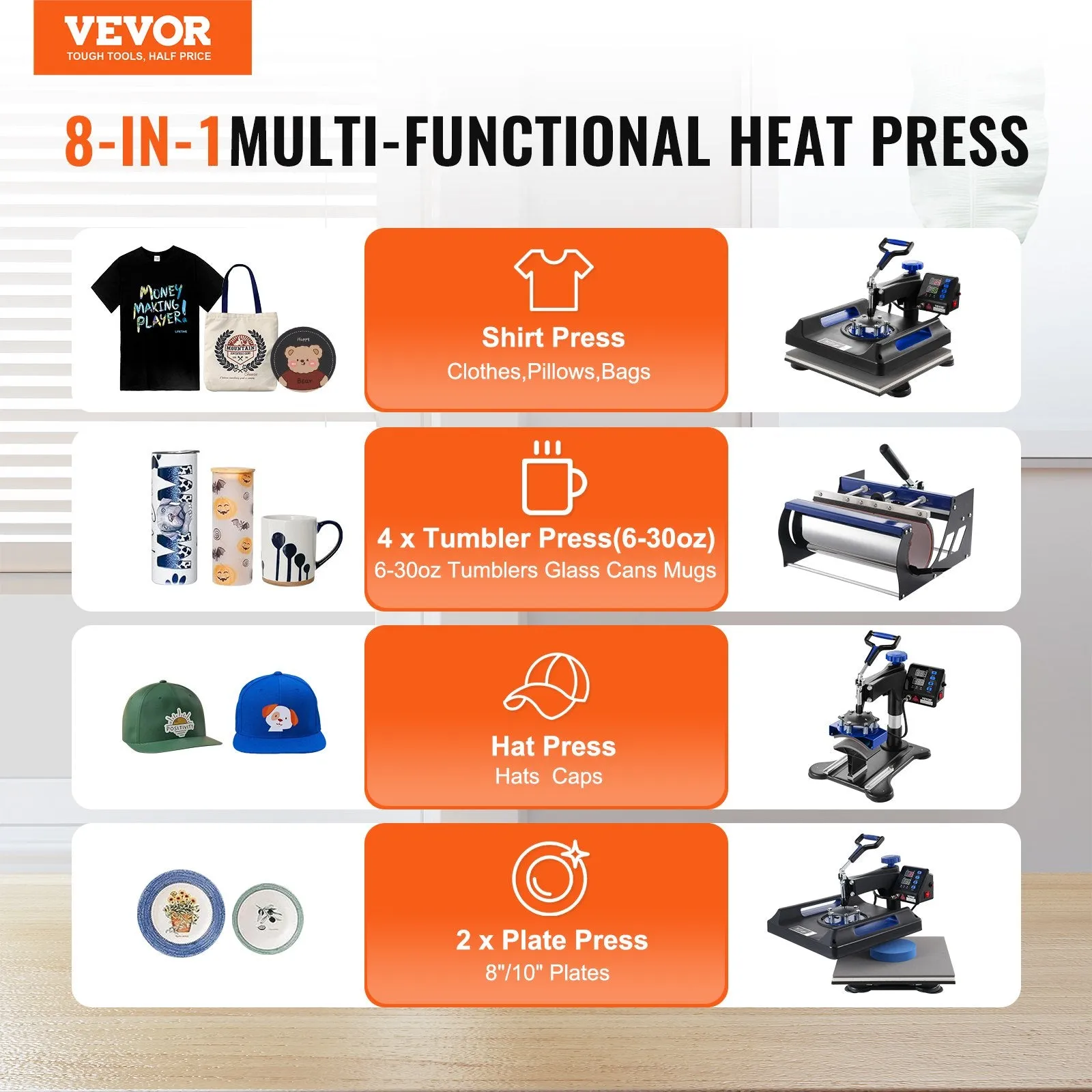 Vevor Heat Press 8-in-1 Machine 15" x 15" with 30oz Tumbler Press Black/Blue New