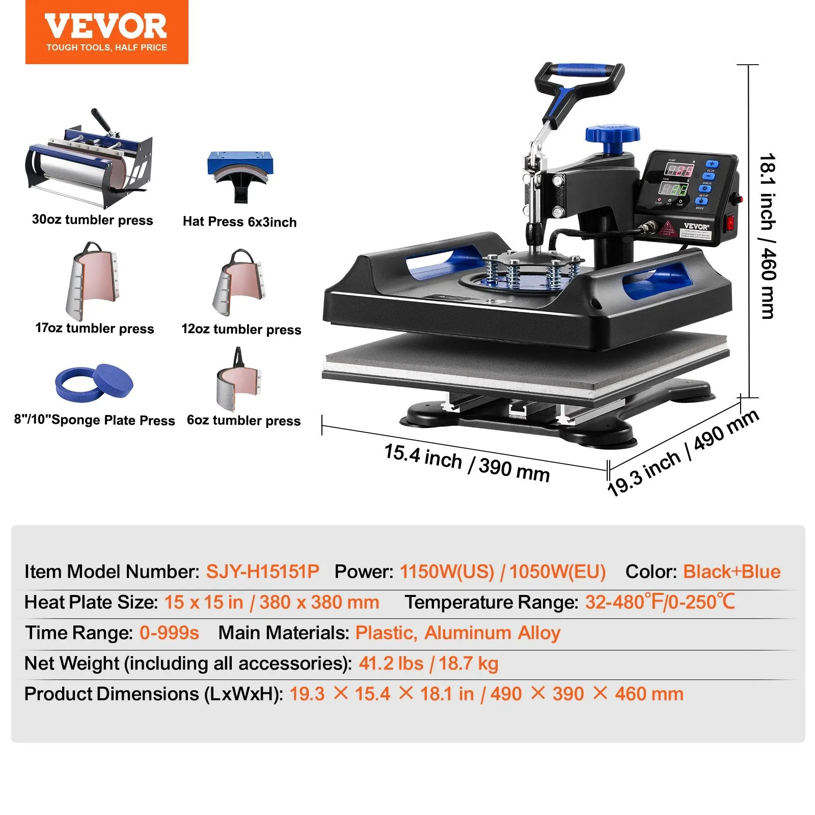 Vevor Heat Press 8-in-1 Machine 15" x 15" with 30oz Tumbler Press Black/Blue New