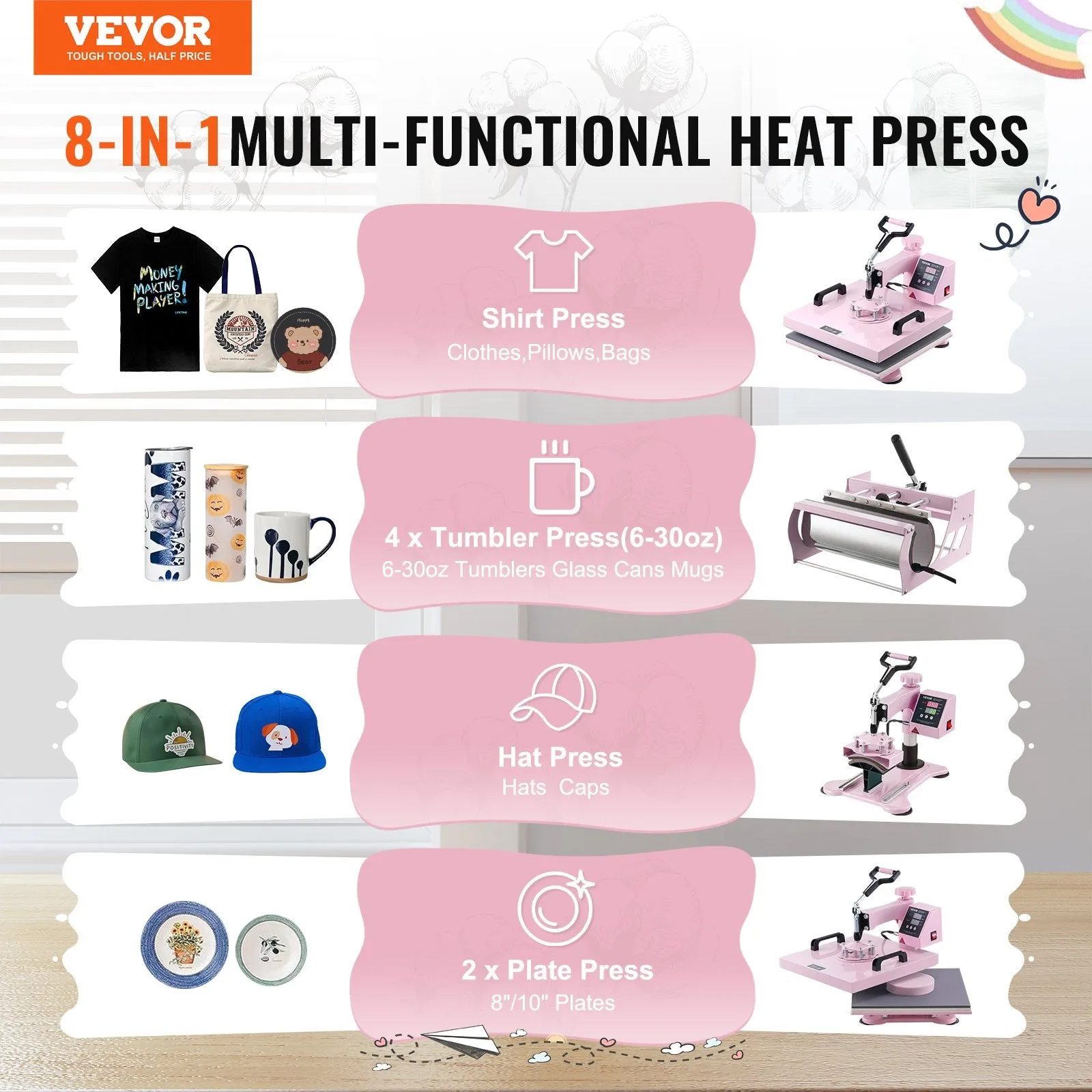 Vevor Heat Press 8-in-1 Machine 15" x 15" with 30oz Tumbler Press Pink New