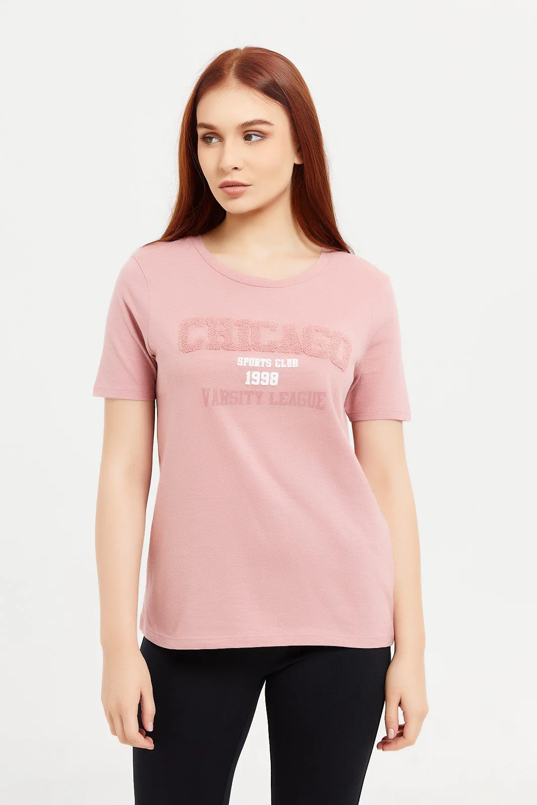 Women Pink Chicago Applique T-Shirt