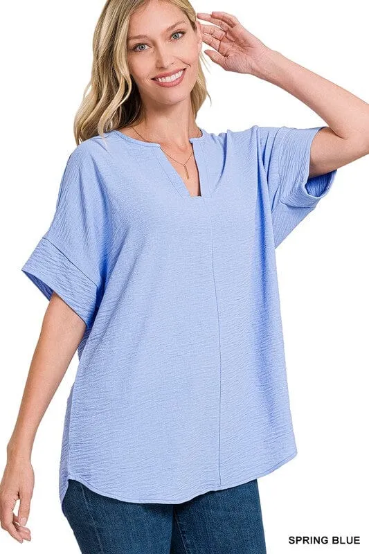 WOVEN AIRFLOW SPLIT NECK SHORT SLEEVE TOP